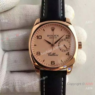 Swiss Rolex Cellini Danaos Replica Watch Rose Gold Black Leather Strap